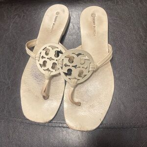Tory Burch | Miller Square Toe Logo Cream Leather Sandal Size 8.5